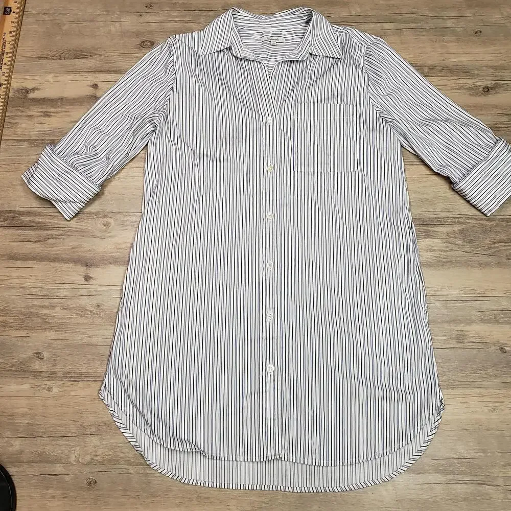 Madewell Dress Womens M White Striped Shirt Dress 3/4 Sleeve Button Up Collared